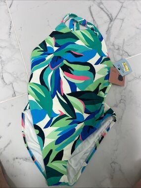 Shade & Shore Swimsuit One Piece Tropical Pique High Neck Full Coverage M/8-10